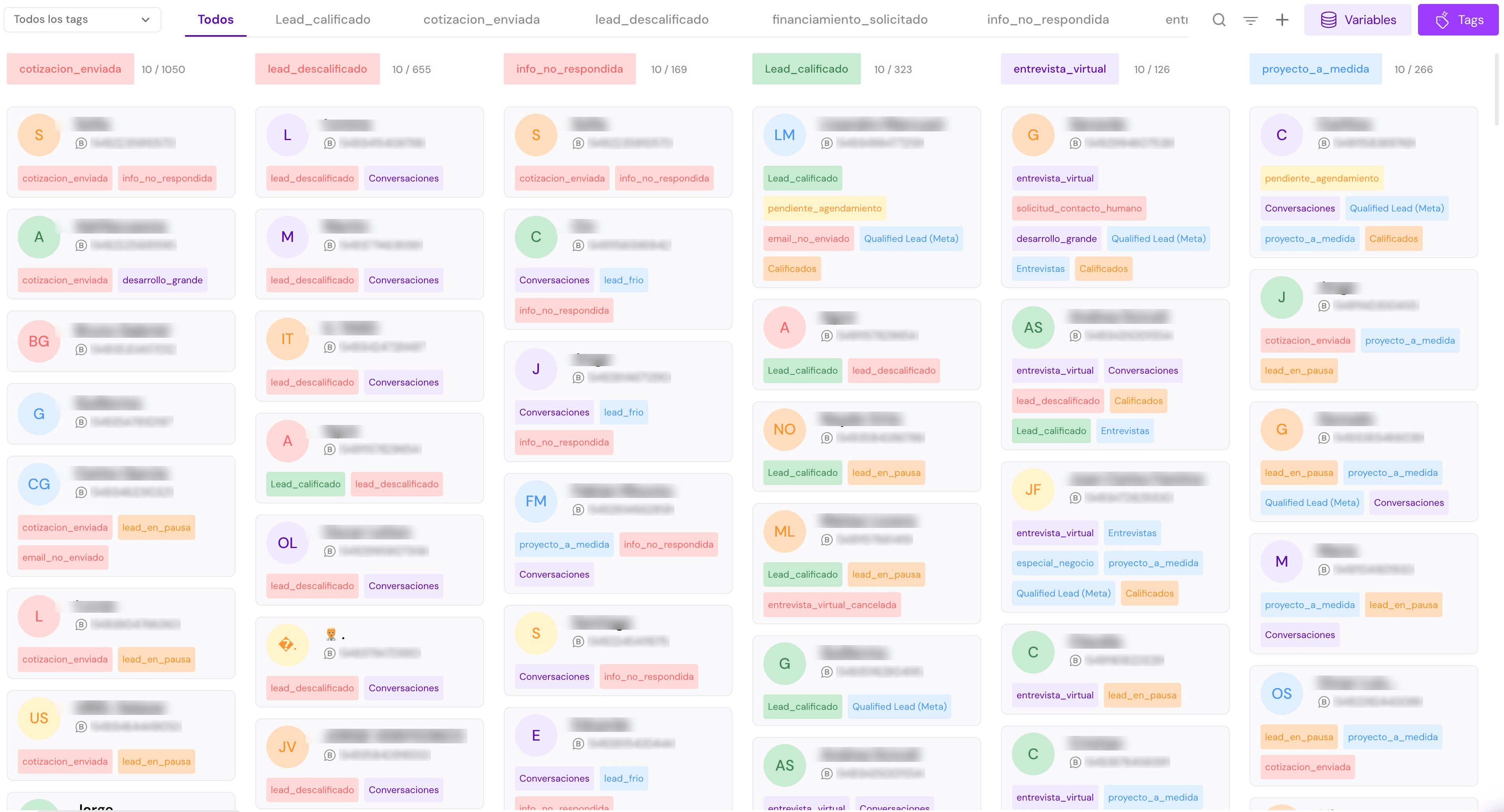 Tablero Kanban del CRM con los leads organizados por etapa y etiquetas