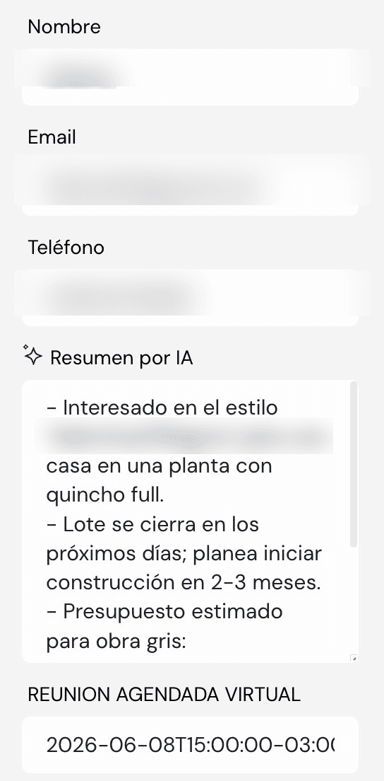 Resumen por IA del lead con la reunión agendada en el calendario del asesor